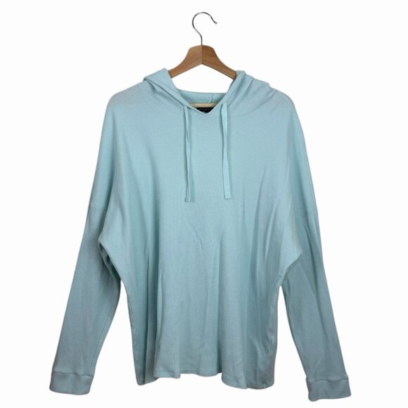 Eileen Fisher Cozy Waffle Knit Hoodie Top Size XL Light Aqua Blue Hooded Tunic - Picture 2 of 8
